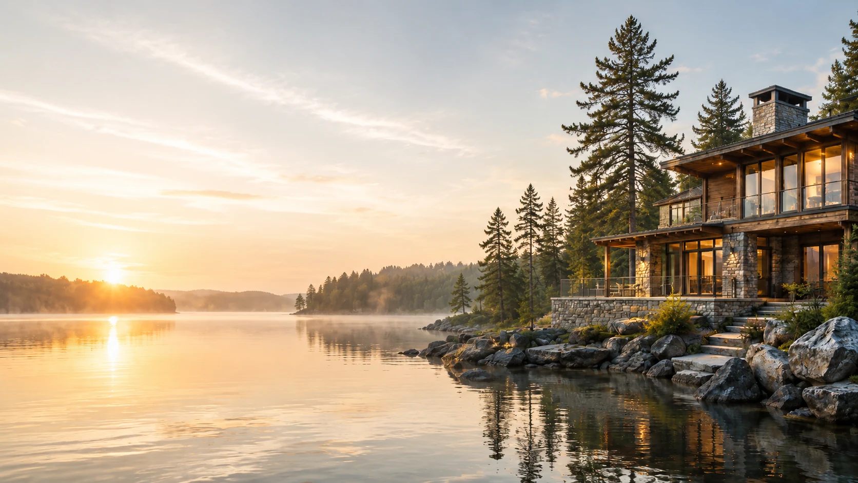 Sunrise over a peaceful Canadian lake, with a lakeside cabin, trees and reflections on the water.