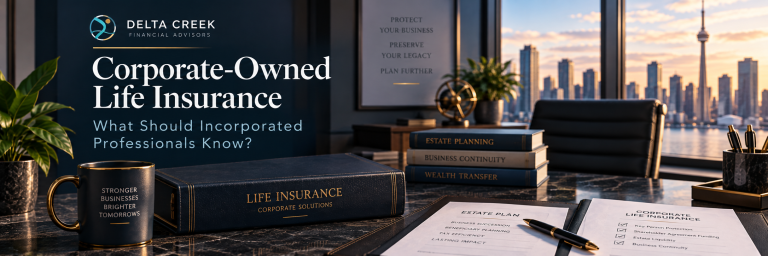 Banner image showing a professional office with estate planning and business continuity documents, representing corporate-owned life insurance for incorporated professionals.