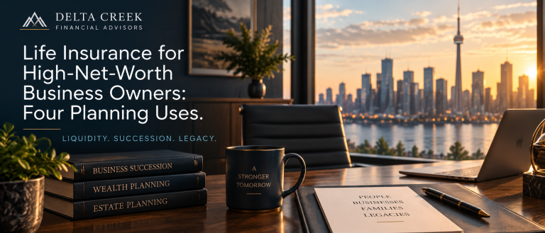 Upscale financial planning office scene with luxury desk, skyline view, and wealth-planning details, used as a banner for Life Insurance for High-Net-Worth Business Owners.