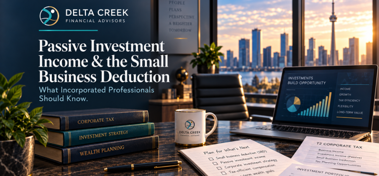 Banner for a Delta Creek Insights article about passive investment income and the small business deduction for incorporated professionals, showing a professional office desk, financial charts, and the Toronto skyline