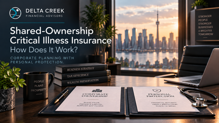 Banner for shared-ownership critical illness insurance showing a professional office setting for incorporated professionals and business owners